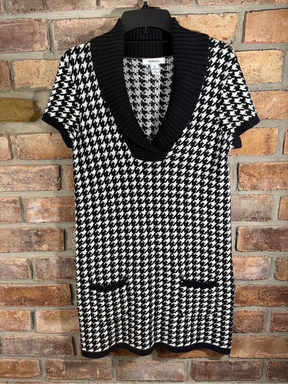 STYLE & CO. Black & White Houndstooth Sweater Dress with Shawl Collar - Picture 9 of 11